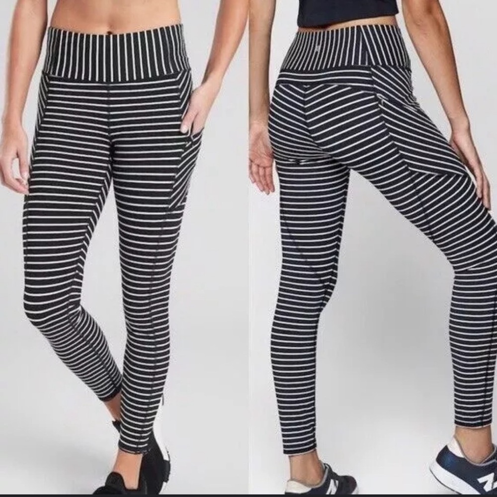 ATHLETA Stripe Contender Tight Blue White Women's Small with Zipper Pockets
